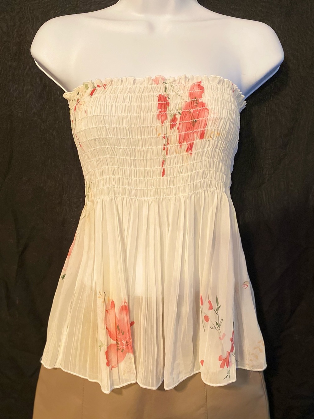 Body Central Cream Strapless Smocked Floral Peplum Camisole